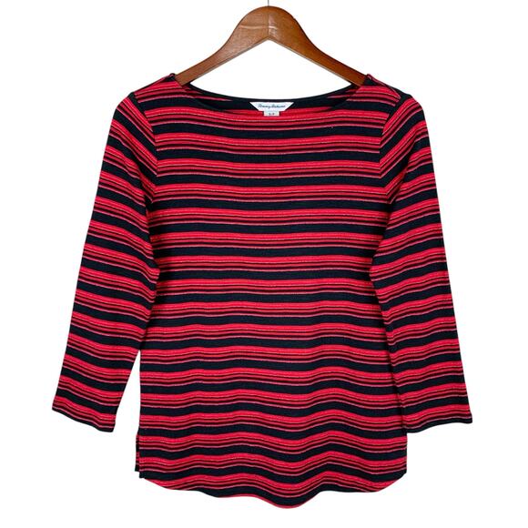 Tommy Bahama Top Red Black Stripe Knit 3/4 Sleeve Metallic Boat Neck Women's S - Picture 1 of 5